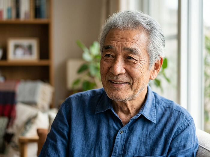 Elderly man smiling indoors in a cozy living room setting with natural light