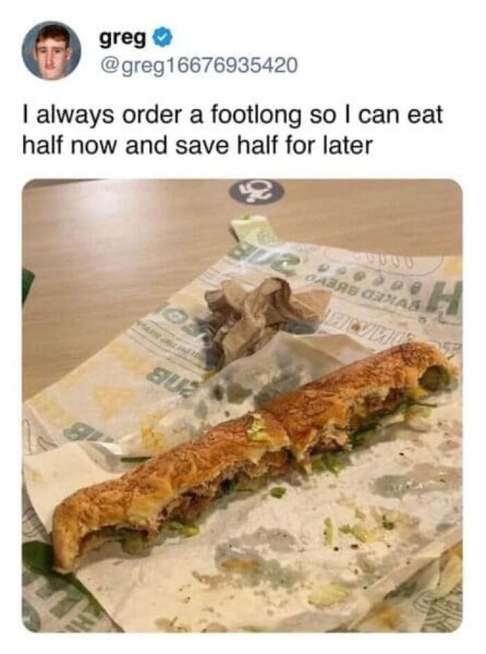 Social media post showing half-eaten footlong sandwich with humorous caption