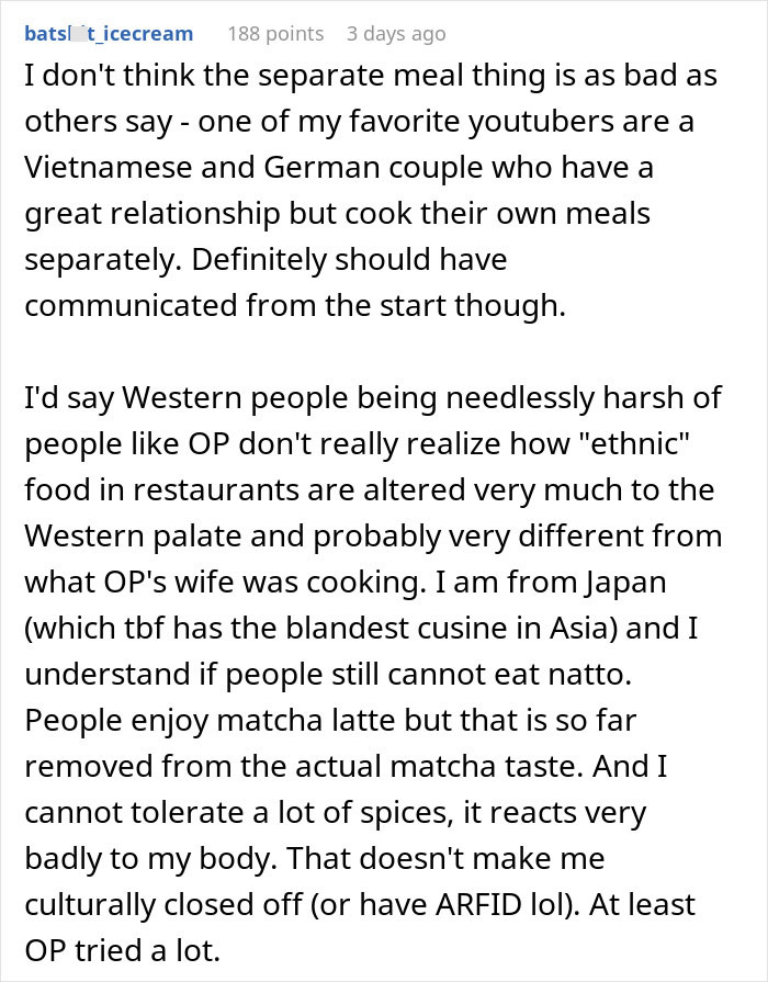 A comment sharing thoughts on separate meals and cultural cuisine preferences in a relationship. A comment sharing thoughts on separate meals and cultural cuisine preferences in a relationship.