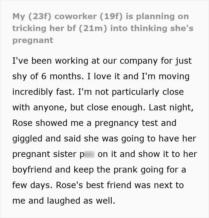 Text post describing a coworker planning to trick BF into believing she is pregnant using a fake test. Text post describing a coworker planning to trick BF into believing she is pregnant using a fake test.