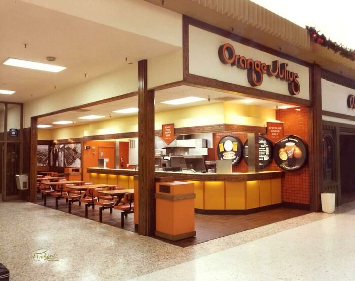 A classic Orange Julius store inside a shopping mall from back in the day, showcasing 80s kids nostalgic photos