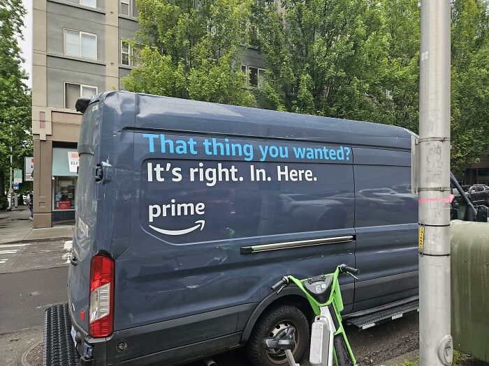 Amazon Prime delivery van with creepy text, an example of advertising fails in marketing.