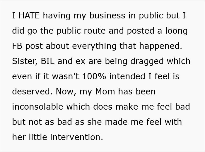 Screenshot of text detailing a public social post where a sister helps an ex cross every boundary.