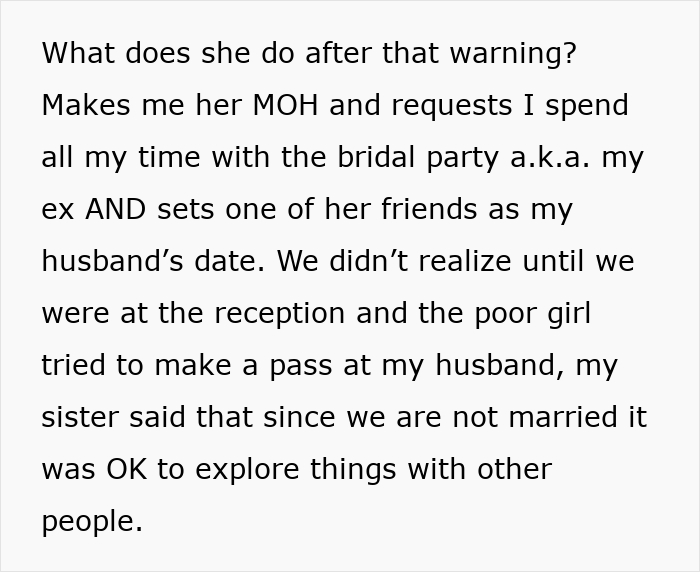Text about sister's warning and wedding party requests