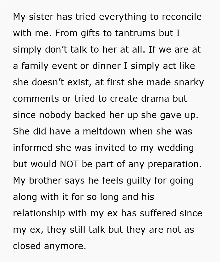 Text about sister's attempts to reconcile and wedding drama