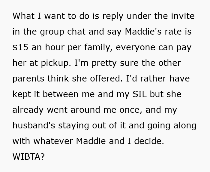 Screenshot of text where a mom considers charging for babysitting after an aunt invite.