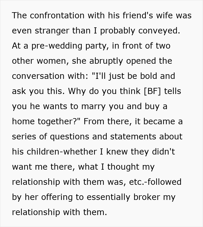 A black text on a white background details a strange confrontation with a friend's wife about a girlfriend. A black text on a white background details a strange confrontation with a friend's wife about a girlfriend.