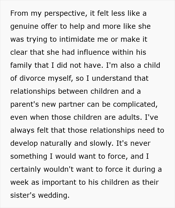 Text explaining a woman's perspective on relationship dynamics at a daughter's wedding. Text explaining a woman's perspective on relationship dynamics at a daughter's wedding.