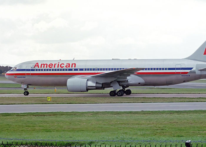An American Airlines airplane on the airport runway associated with strange online mysteries.