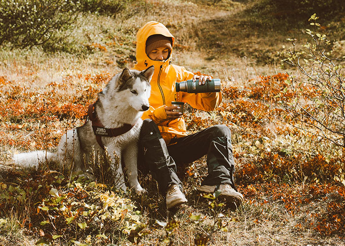 A person in a yellow jacket pouring a drink beside a husky dog outdoors, connected to online mysteries.