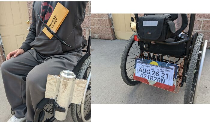 Person in a wheelchair decorated with funny parking ticket and license plate details for people with disabilities Halloween