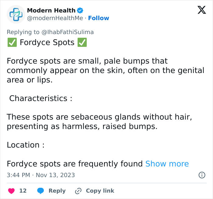 Tweet explaining Fordyce spots as harmless pale bumps on skin and lips