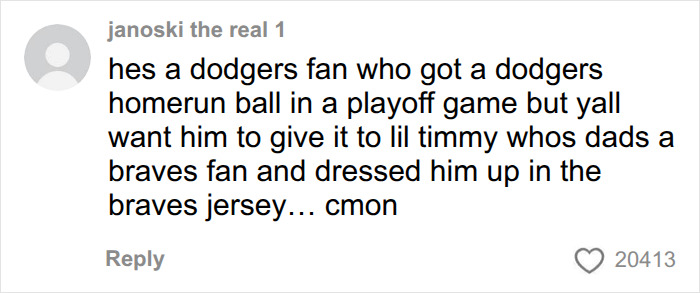 Social media backlash comment about a Dodgers fan keeping a homerun ball.