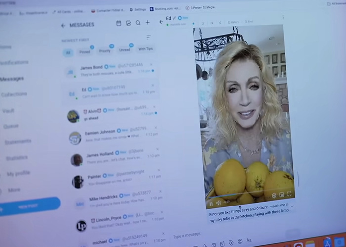 Knots Landing star Donna Mills displayed on a messaging screen while holding lemons in a video.