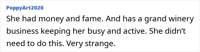 User PoppyArt2020 commenting on Donna Mills having wealth, fame, and a winery business