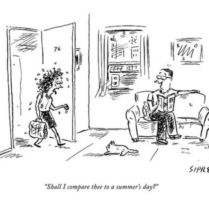 New Yorker cartoon with a sweaty, disheveled woman entering an apartment while a man reads on the couch.