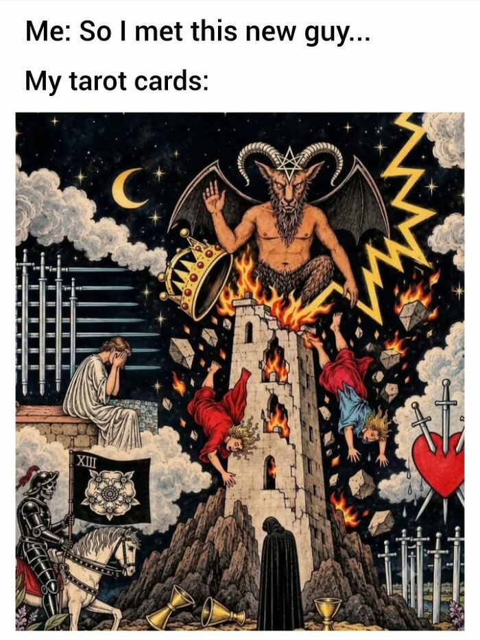An illustration of a chaotic tarot card spread featuring the tower card, illustrating a famous paintings meme.