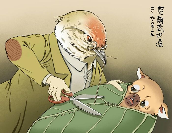 A bird in a jacket sewing a dog in a leaf, an illustration by Nelson Syndrome