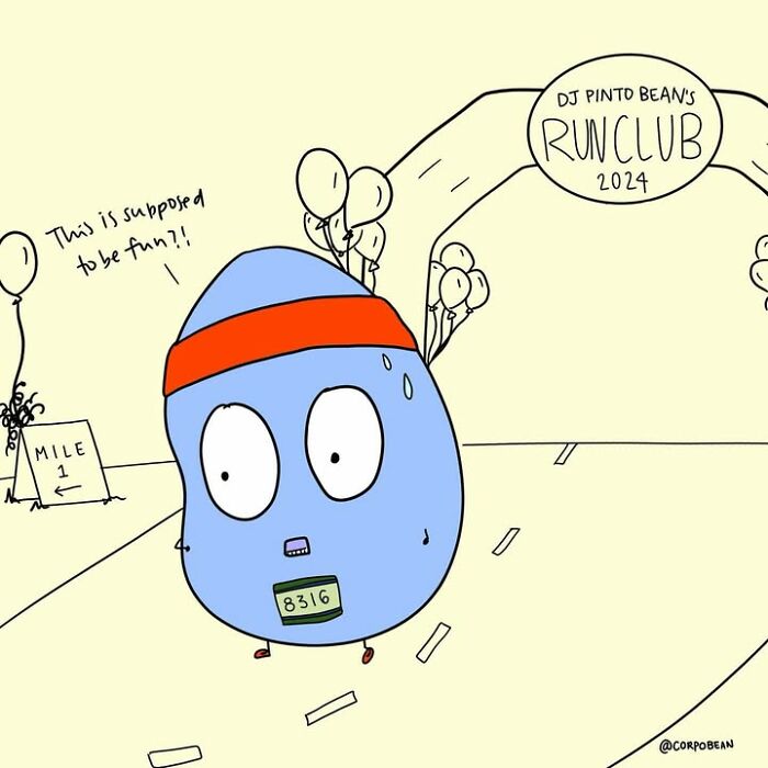 A sweating blue bean character running a marathon at mile one, illustration from Corpo Bean comics