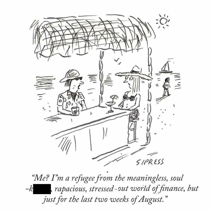 A black and white cartoon of two people at a beach bar with a humorous caption about being a New Yorker.