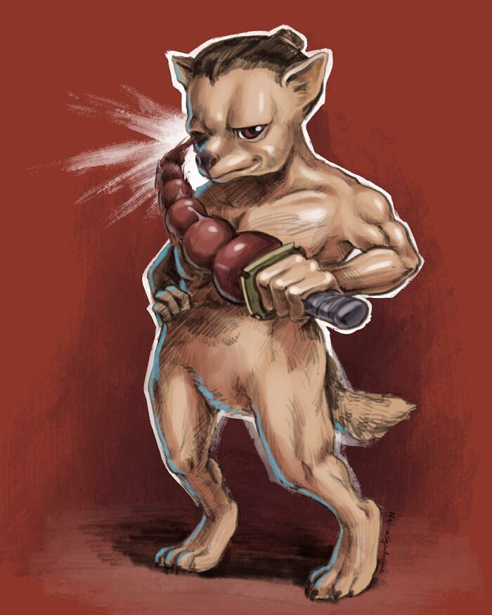 An illustration by Nelson Syndrome of a muscular dog figure holding a red skewer