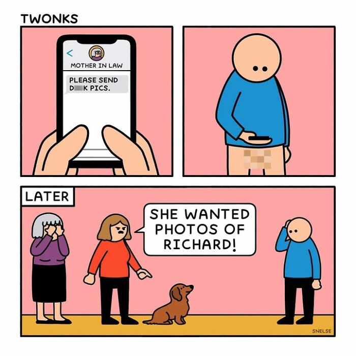 A comic panel featuring a dog named Richard next to a woman holding a phone, from funny comics about dogs