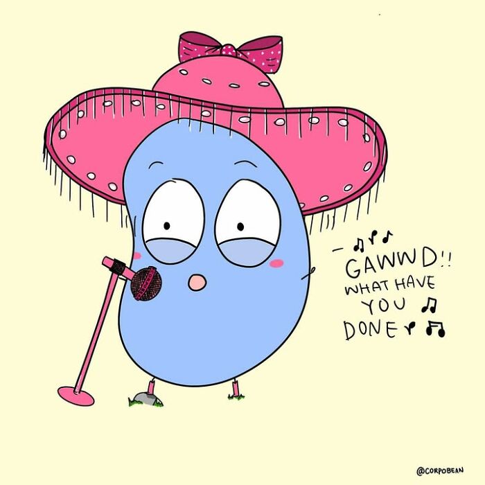 A blue bean character with a pink hat singing in a microphone, illustration from Corpo Bean comics