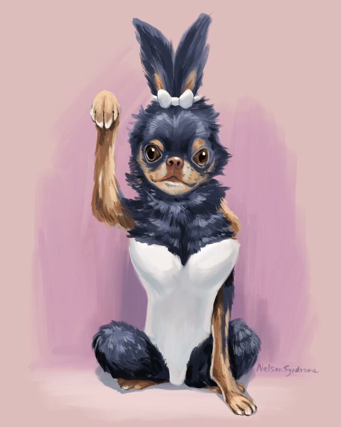 An illustration of a Chihuahua in a bunny suit waving, by Nelson Syndrome