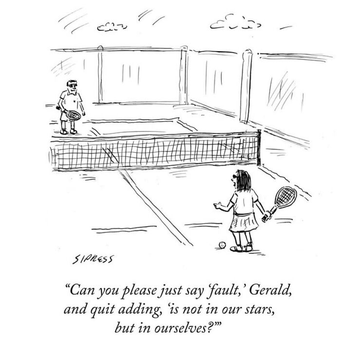 A New Yorker veteran cartoon with a man and woman playing tennis on a court