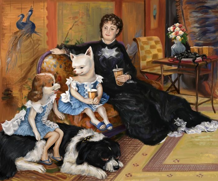 Illustration By Nelson Syndrome of a woman and dog hybrid characters holding drinks, parodying classical portraiture.