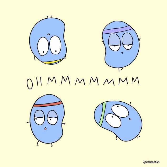 Four blue bean characters meditating and saying OHMMMMMM, illustration from Corpo Bean comics