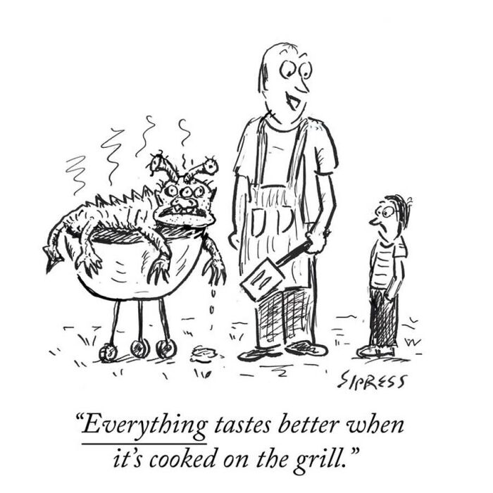 A New Yorker veteran cartoon of a man grilling an alien monster for a child