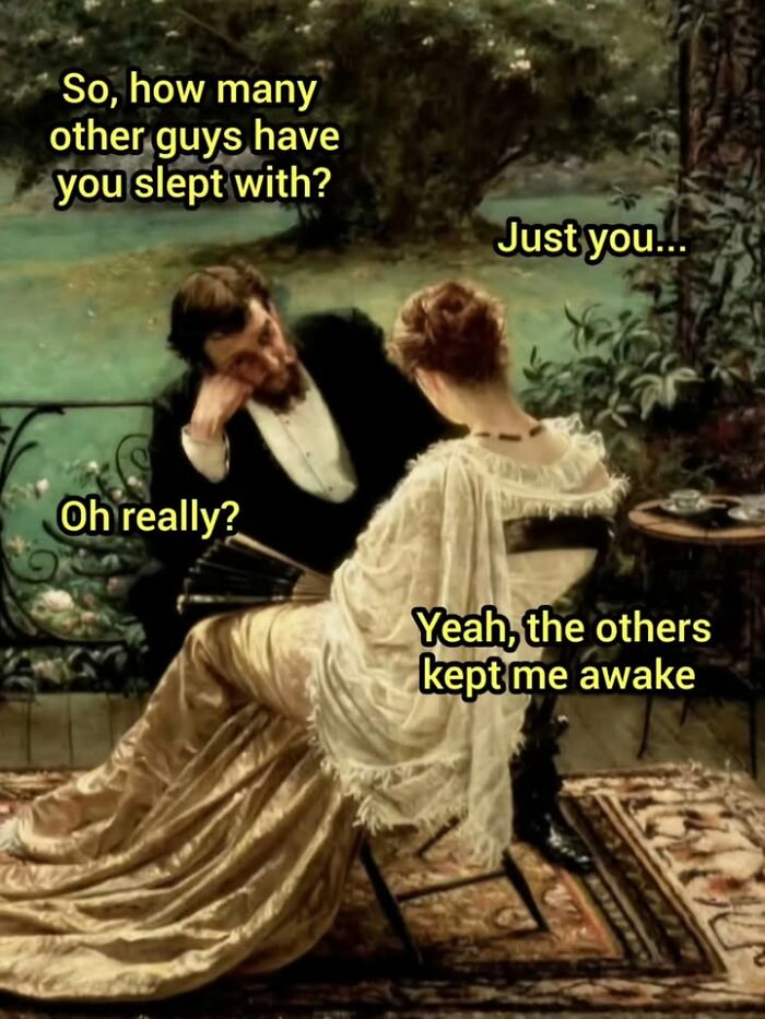 A classic oil painting of a couple with text, a funny example of famous paintings turned into memes.