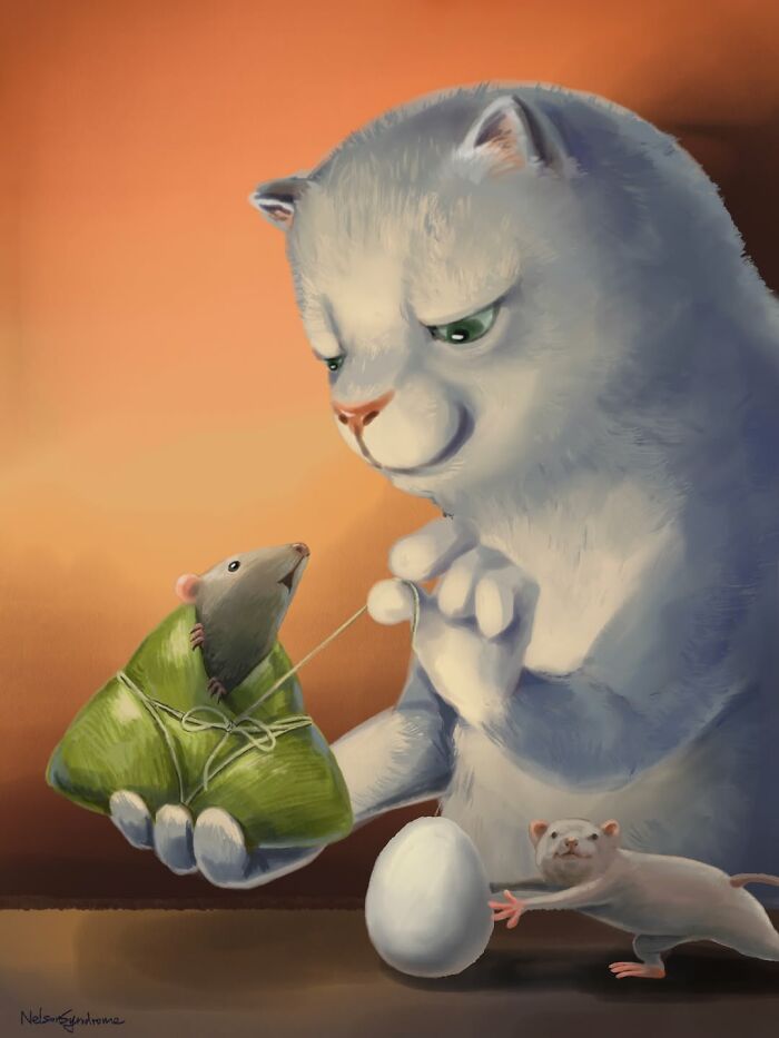 Illustrations By Nelson Syndrome showing a cat painting with mice in an art parody parodying a classic painting.