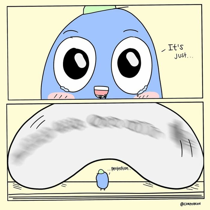 A crying blue bean character looking at a giant pillow, illustration from Corpo Bean comics