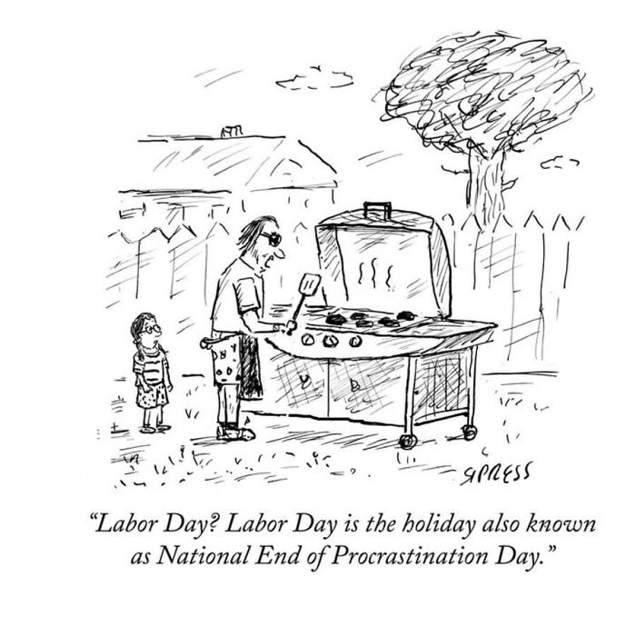 A New Yorker veteran cartoon depicting a man grilling on Labor Day with a child watching