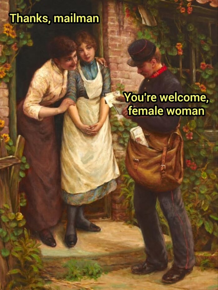 A historic painting meme showing a postman handing mail to two women