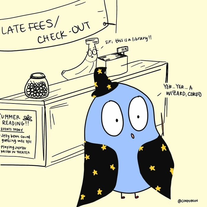 A blue bean character as a wizard in a library, illustration from Corpo Bean comics