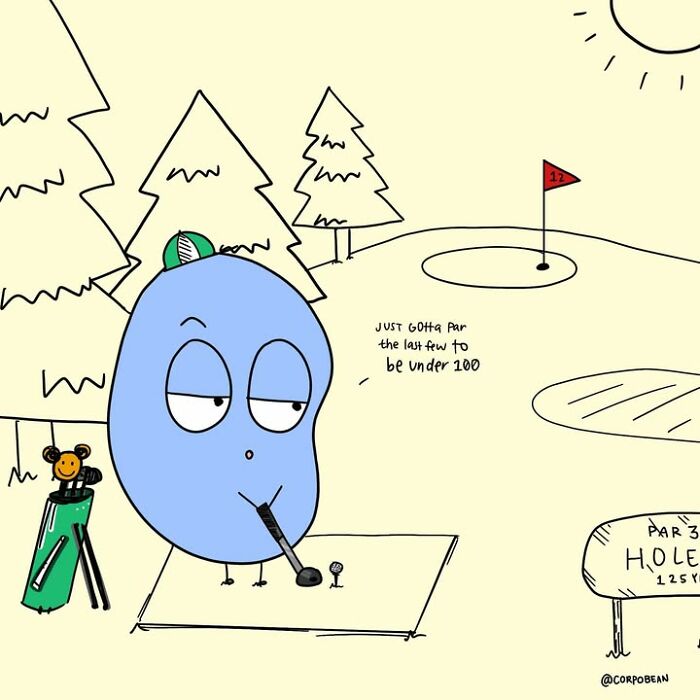 A blue cartoon character playing golf in a comic by Corpo Bean showing relatable everyday work struggles