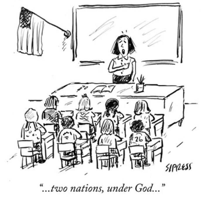 A New Yorker veteran cartoon showing a teacher leading classroom students reciting the pledge of allegiance