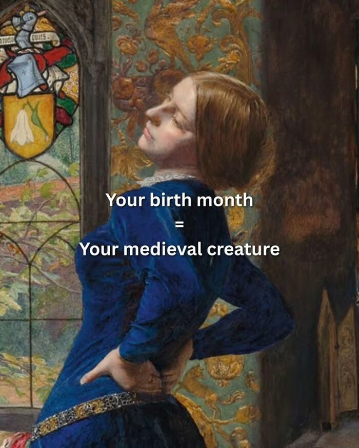 A medieval art meme showing a woman stretching her back with a birth month caption