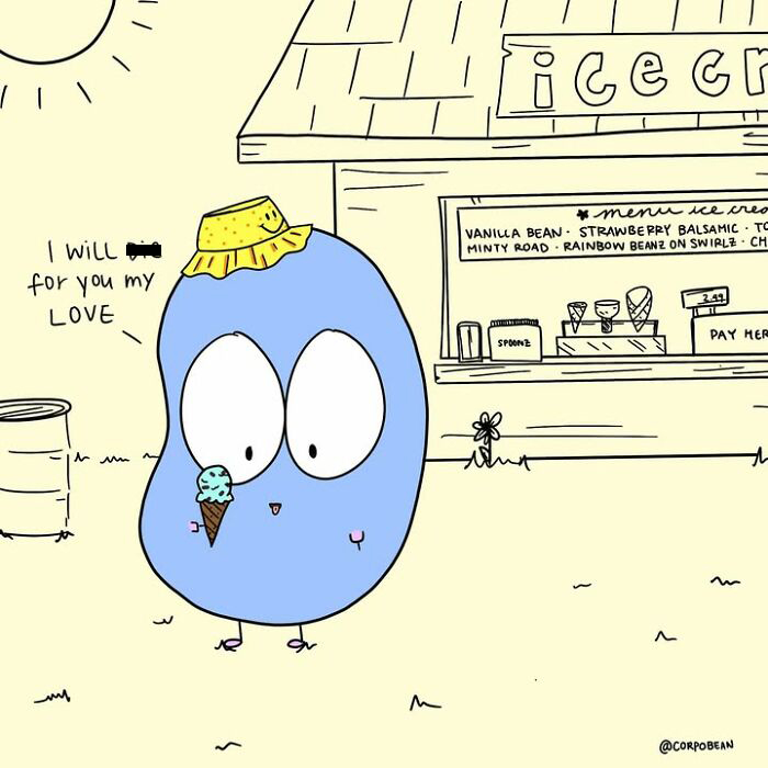 A blue character holding ice cream at a stand, depicting relatable everyday struggles in a comic by Corpo Bean