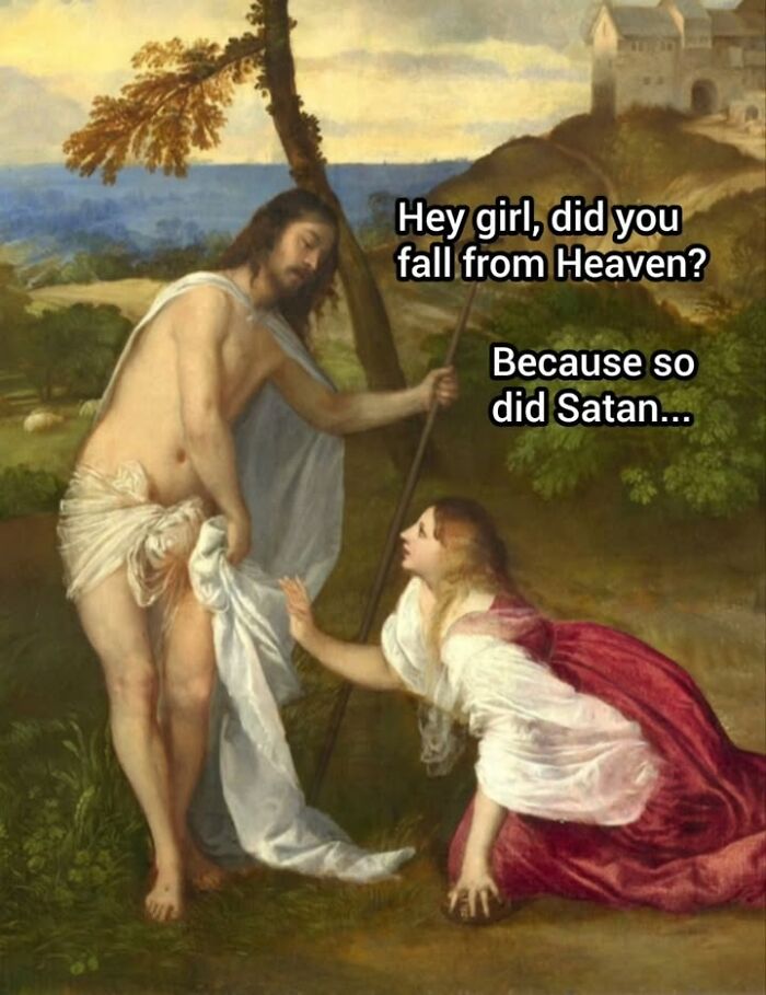 A classic painting meme featuring a man holding a staff talking to a kneeling woman