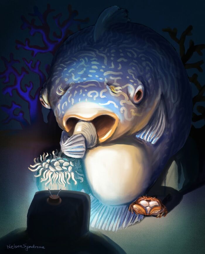 Undersea scene with a large fish watching television, a stylized Nelson Syndrome illustration