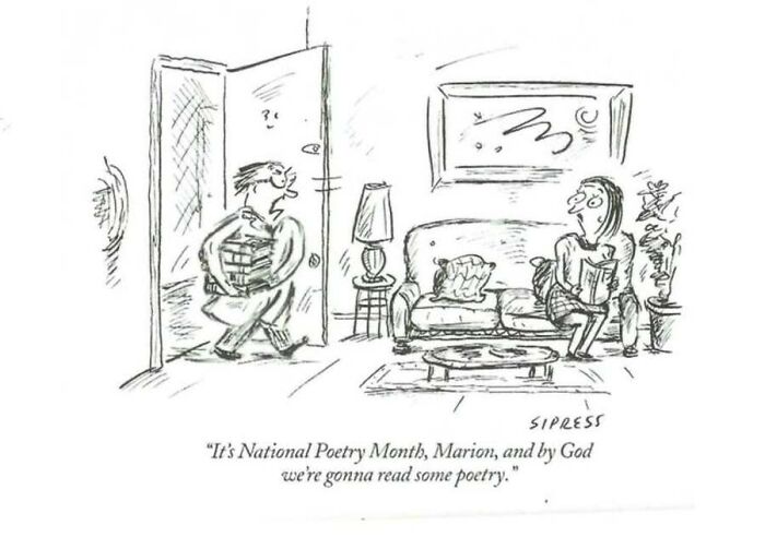 A New Yorker cartoon featuring a man bringing a pile of books to a woman on a couch for National Poetry Month