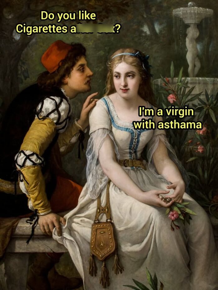 Victorian era painting modified with funny text about lifestyle preferences as famous paintings memes.