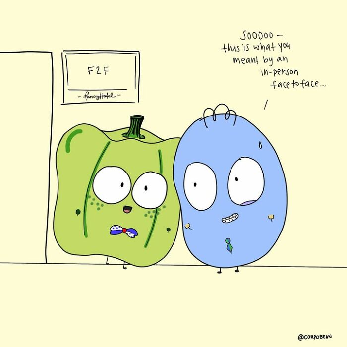A green pepper and a blue bean character meeting face-to-face, showcasing corporate work struggles by Corpo Bean