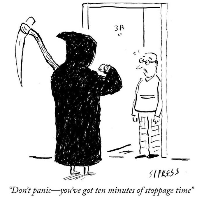 A grim reaper New Yorker cartoon checking his watch while talking to a man at his door.