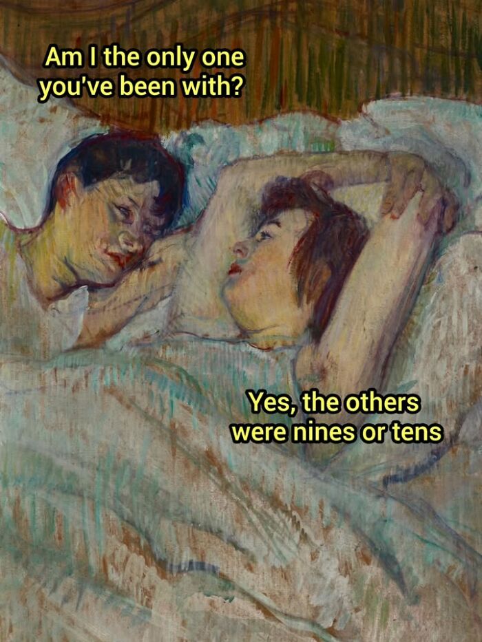 Two people in bed from a famous painting reimagined as hilarious memes about past relationships.