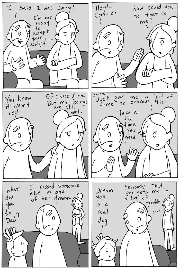 Comic depicting a conversation about apology and processing emotions with kindness
